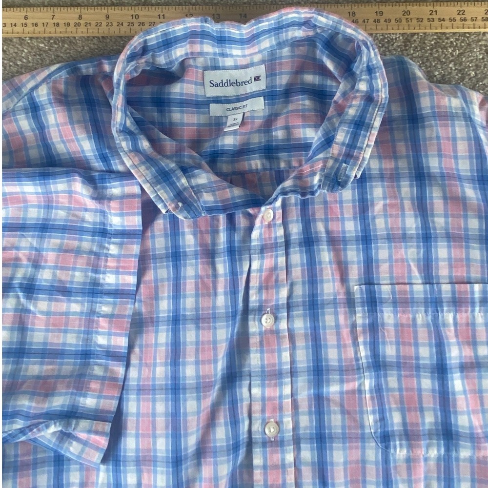 Saddlebred Mens 3XL Classic Fit Short Sleeve Plaid Button Down Shirt Blue Pink